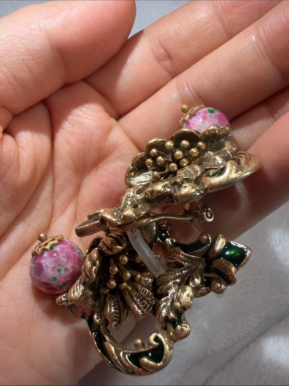 Kenneth Jay Lane Gold Floral Drop Earrings with Pink and Green Accents - Picture 6 of 6